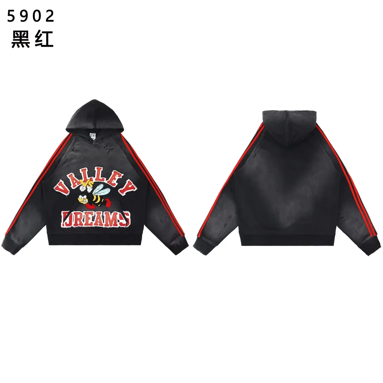 Black Red Graphic-Print Contrast Stripe Sleeves Hoodie 4