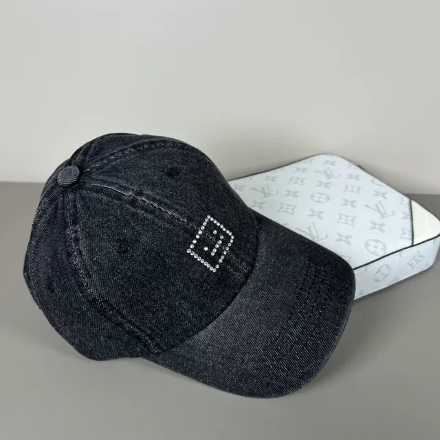 Black Silver Denim Construction Rhinestone-Embellished Square Logo Baseball Cap 4