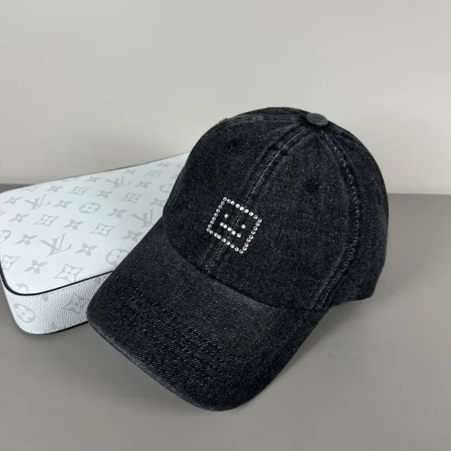 Black Silver Denim Construction Rhinestone-Embellished Square Logo Baseball Cap 6