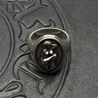 Black Silver Oval Bezel Figurative Relief Sculpture Ring 5