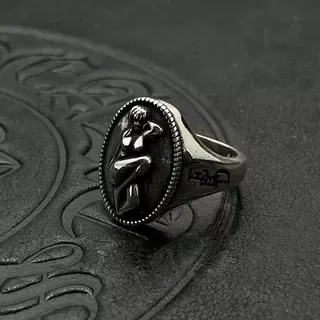 Black Silver Oval Bezel Figurative Relief Sculpture Ring 6