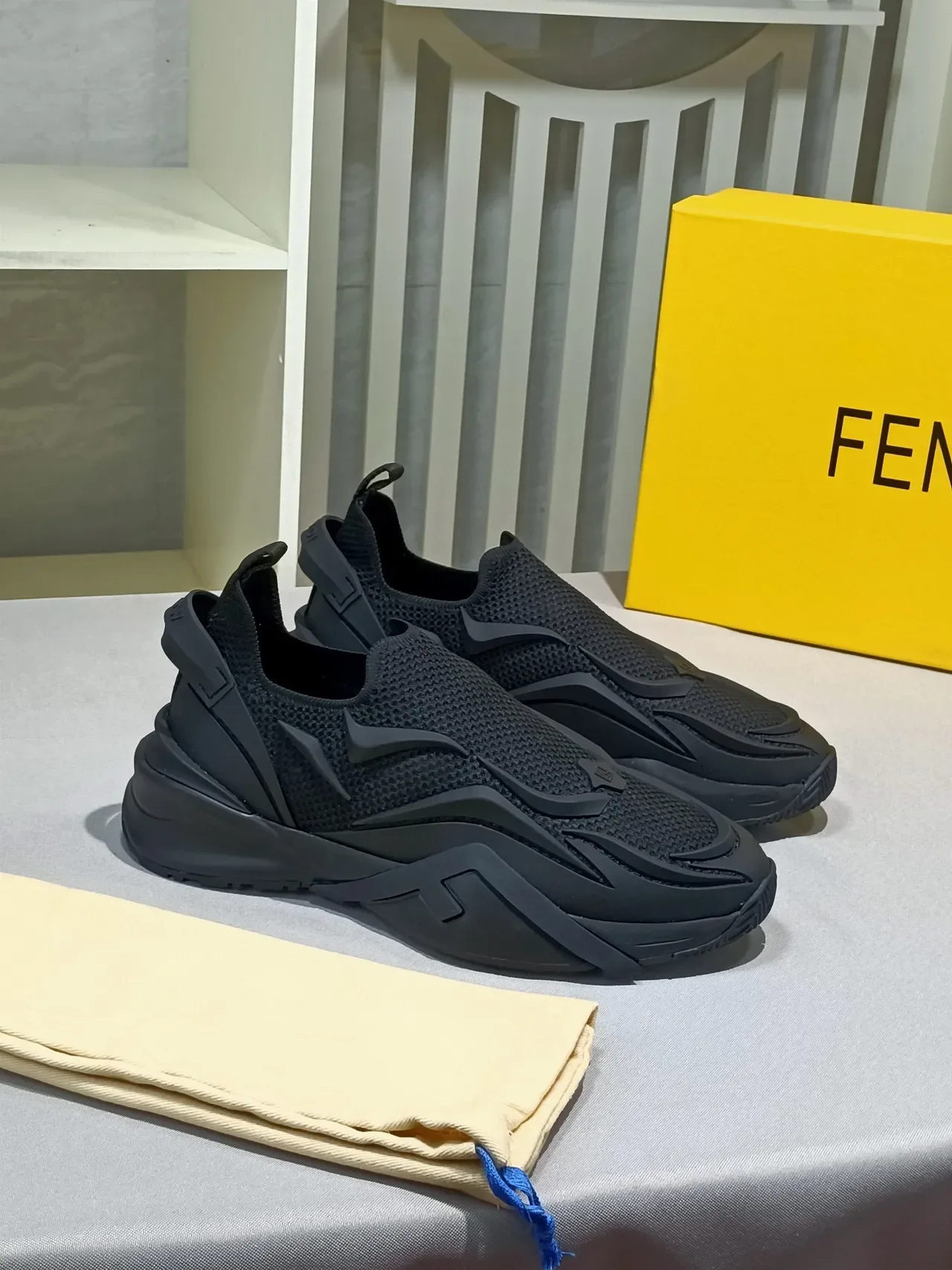 Black Slip-On Construction Knit Mesh Upper Sneakers 3