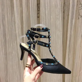 Black Studded T-Strap Multi-Band Pointed Toe Stilettos