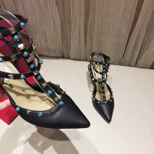 Black Studded T-Strap Multi-Band Pointed Toe Stilettos 2
