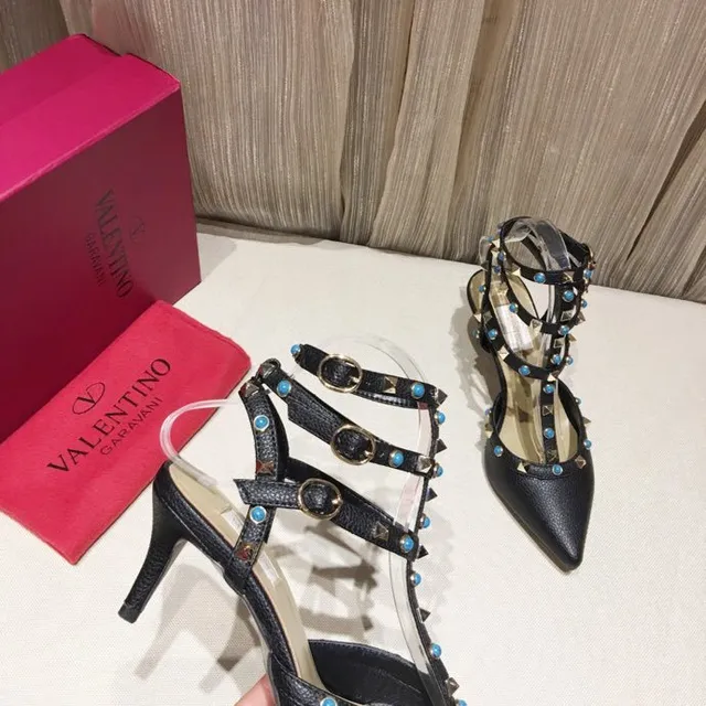 Black Studded T-Strap Multi-Band Pointed Toe Stilettos 6