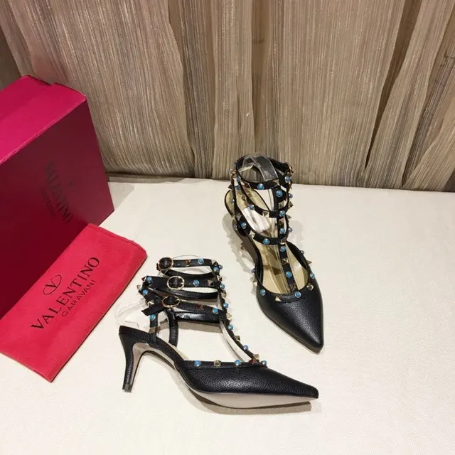 Black Studded T-Strap Multi-Band Pointed Toe Stilettos 8