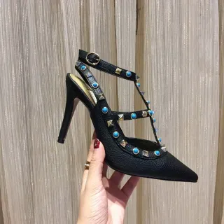 Black Studded T-Strap Pointed-Toe Stilettos