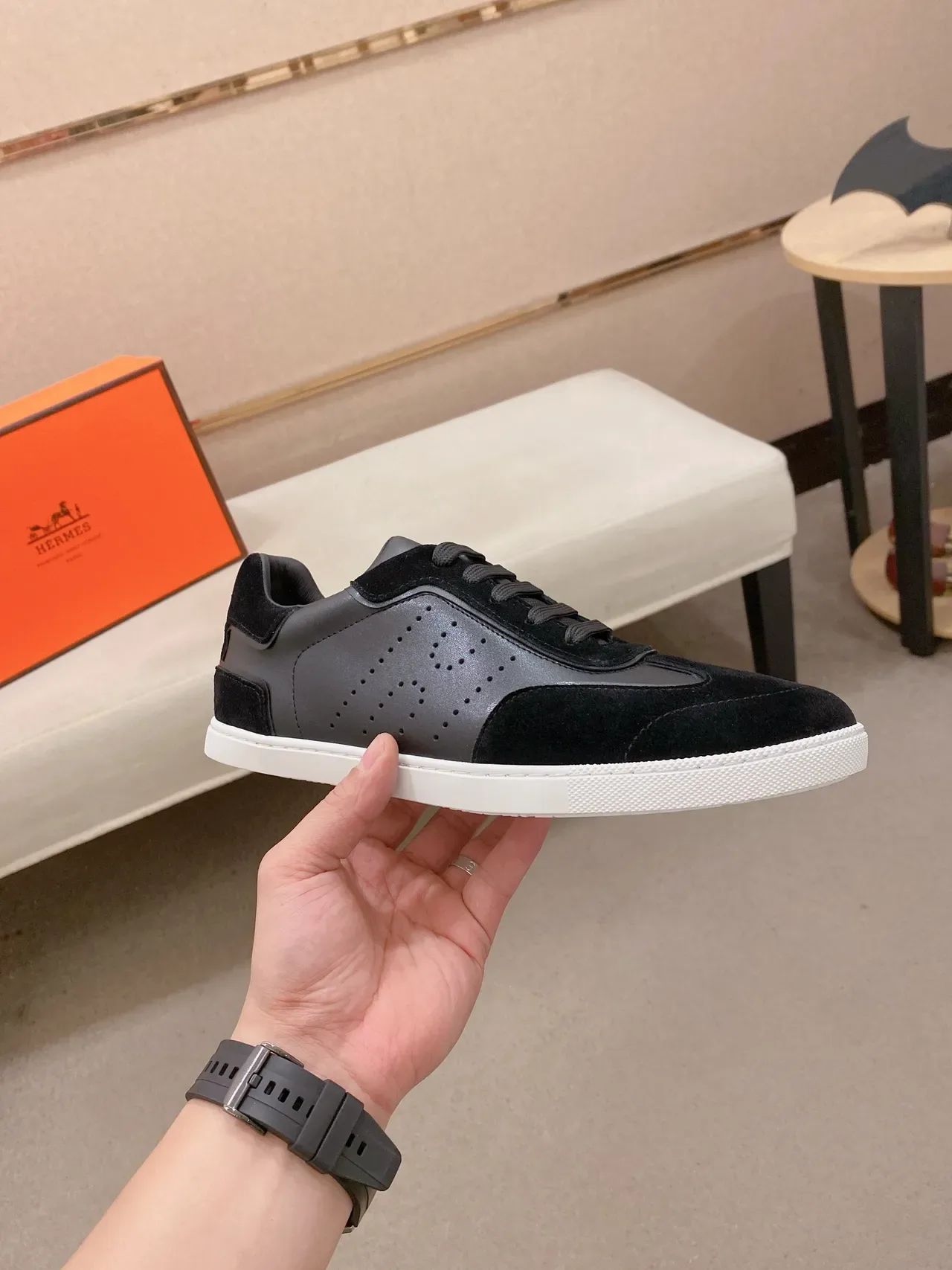 Black Suede and Leather Low-Top Lace-Up Sneaker 5