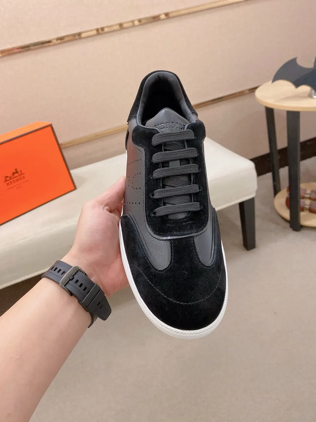 Black Suede and Leather Low-Top Lace-Up Sneaker 6