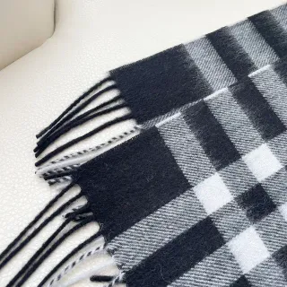 Black White Gray Plaid Fringed Cashmere Scarf