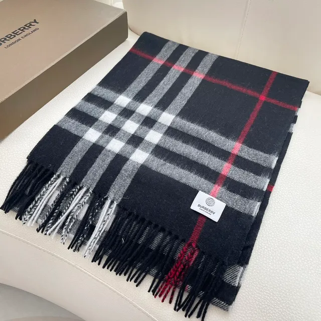 Black White Gray Plaid Fringed Cashmere Scarf 4