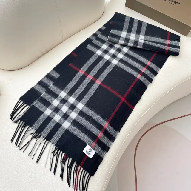 Black White Gray Plaid Fringed Cashmere Scarf 5