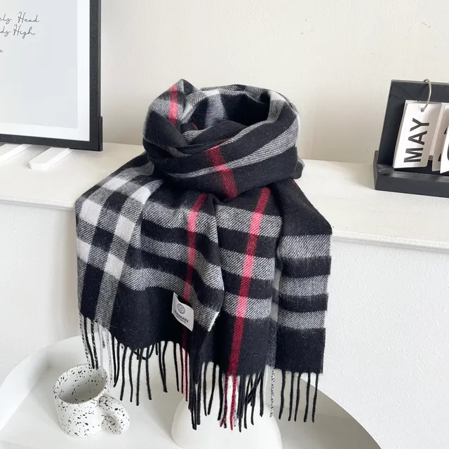Black White Gray Plaid Fringed Cashmere Scarf 7