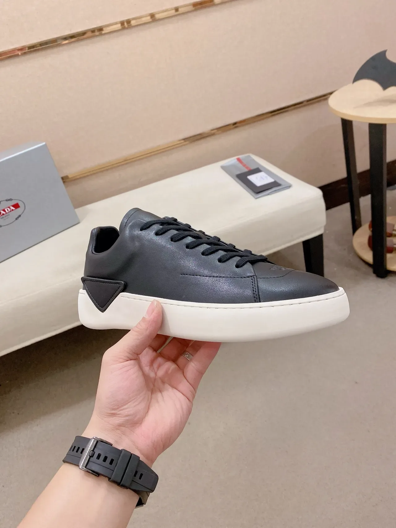 Black White Leather Upper Contrast Cupsole Sneakers 5