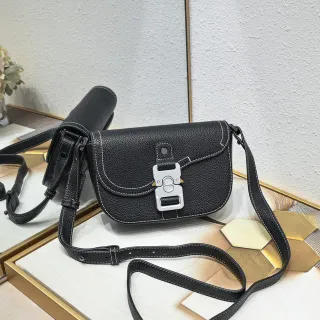 Black White Pebbled Leather Contrast Topstitching Saddle Bag