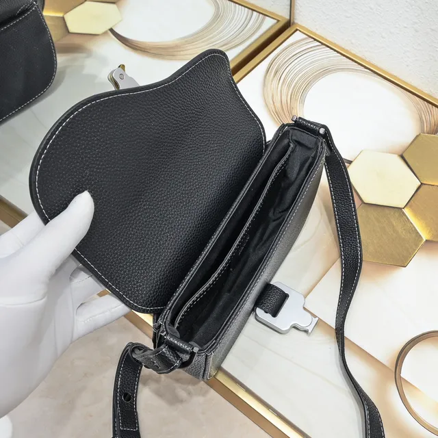 Black White Pebbled Leather Contrast Topstitching Saddle Bag 3