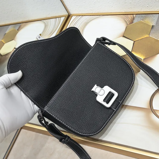 Black White Pebbled Leather Contrast Topstitching Saddle Bag 4