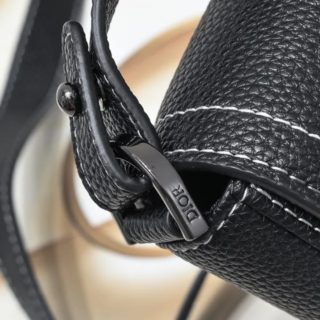 Black White Pebbled Leather Contrast Topstitching Saddle Bag 5