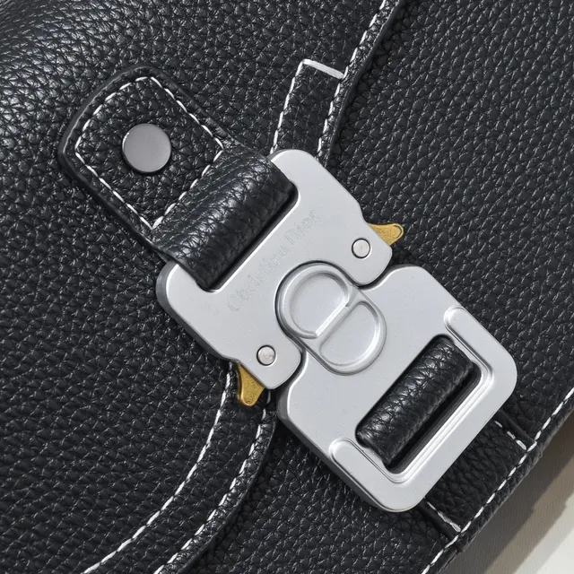 Black White Pebbled Leather Contrast Topstitching Saddle Bag 6