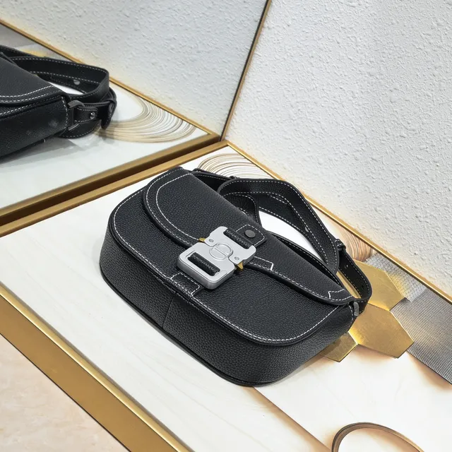 Black White Pebbled Leather Contrast Topstitching Saddle Bag 7