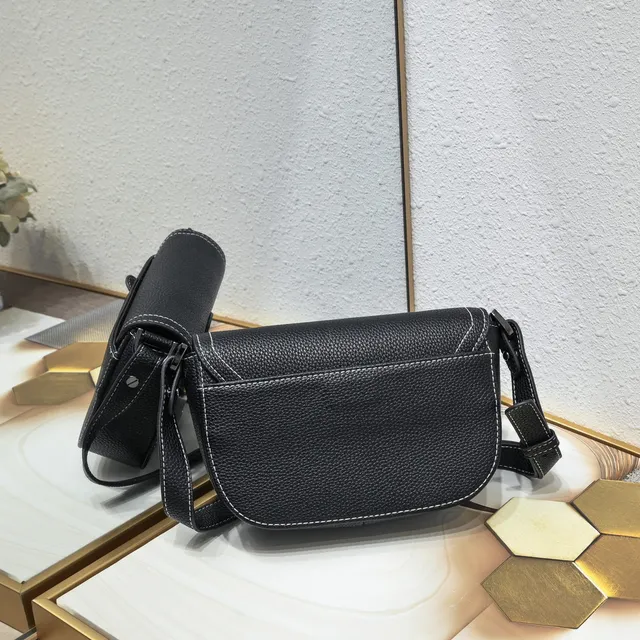 Black White Pebbled Leather Contrast Topstitching Saddle Bag 8