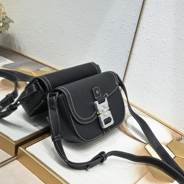 Black White Pebbled Leather Contrast Topstitching Saddle Bag 9