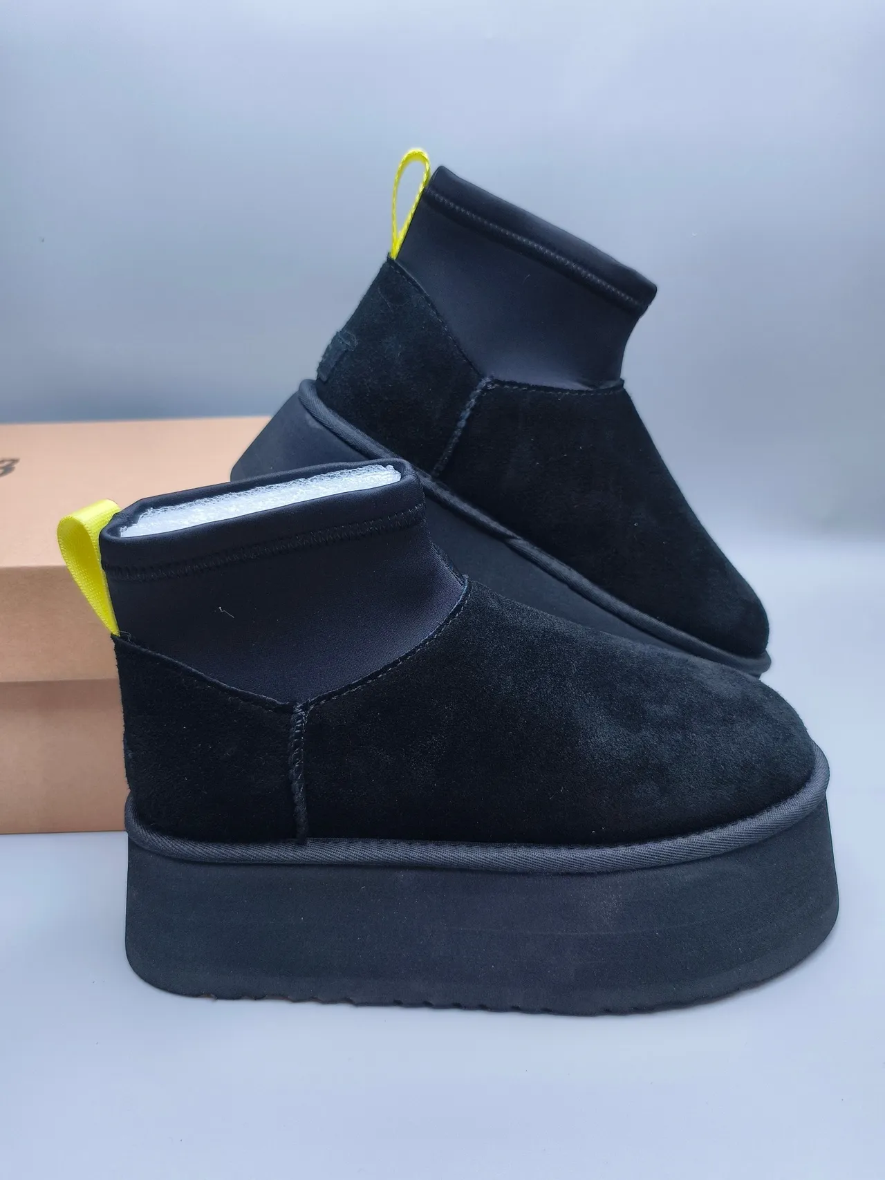 Black Yellow Platform Sole Suede Upper Ankle Boots 6