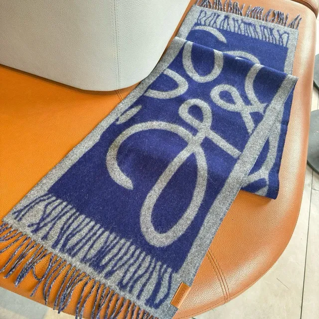 Blue and Gray Striped Fringed Cashmere Scarf 2