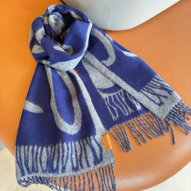 Blue and Gray Striped Fringed Cashmere Scarf 3