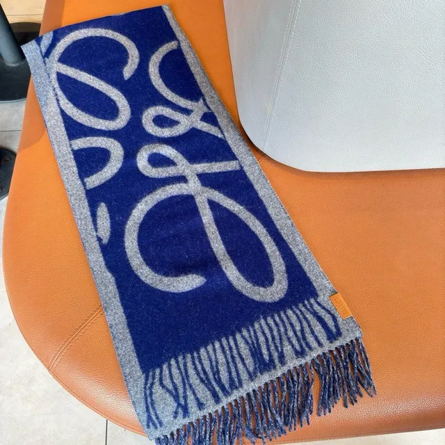 Blue and Gray Striped Fringed Cashmere Scarf 5