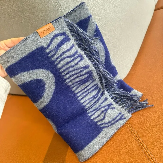 Blue and Gray Striped Fringed Cashmere Scarf 7