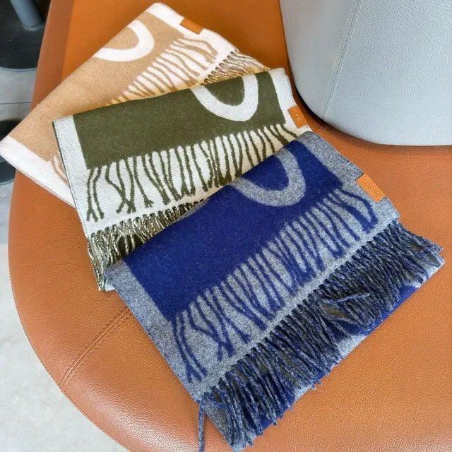 Blue and Gray Striped Fringed Cashmere Scarf 9