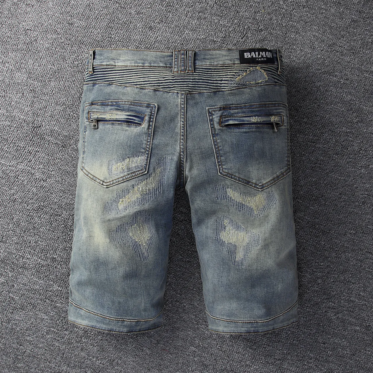 Blue Beige Distressed Zippered Side Pockets Shorts 14