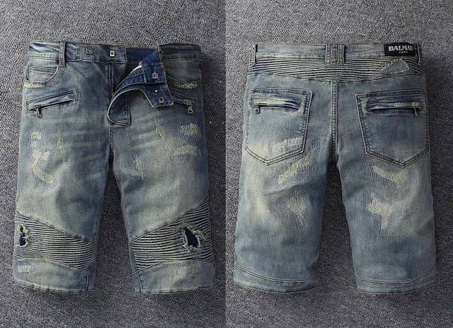 Blue Beige Distressed Zippered Side Pockets Shorts 15