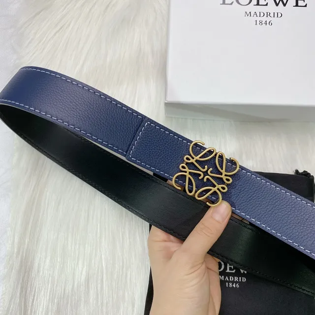 Blue Gold Textured Pebbled White Contrast Stitching Leather Belt 3