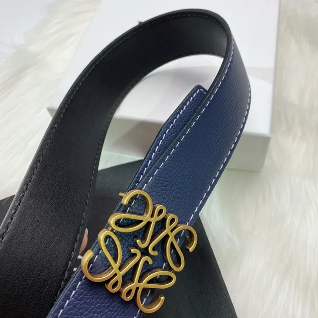 Blue Gold Textured Pebbled White Contrast Stitching Leather Belt 5