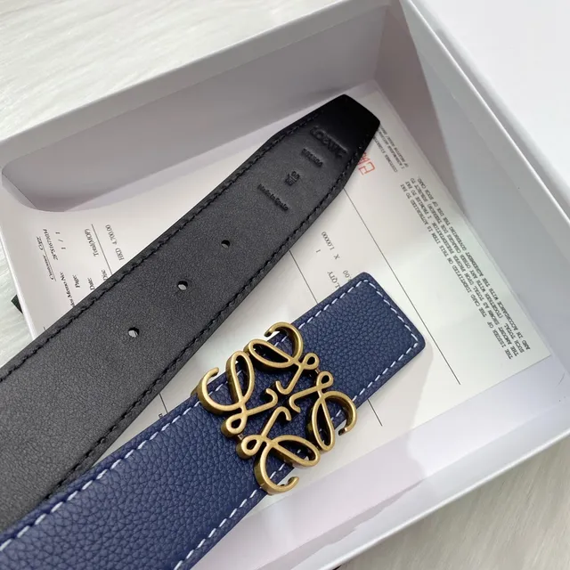 Blue Gold Textured Pebbled White Contrast Stitching Leather Belt 6