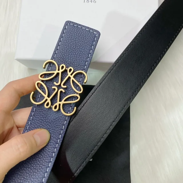 Blue Gold Textured Pebbled White Contrast Stitching Leather Belt 8