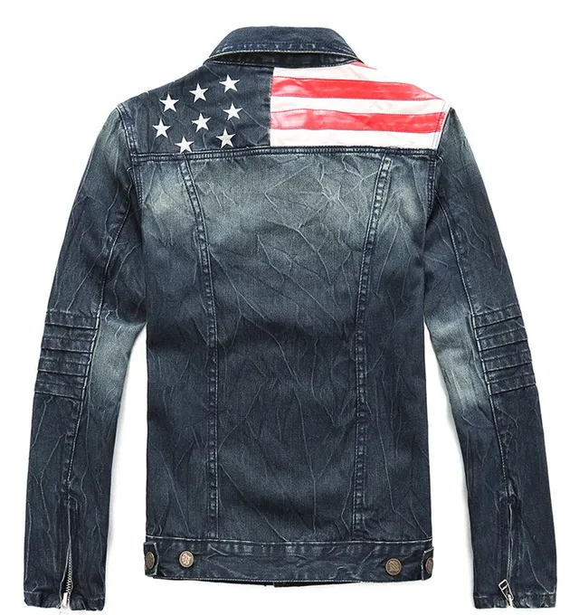 Blue Multicolor Distressed Dark American Flag Shoulder Graphic Denim Jacket 10