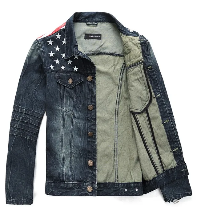 Blue Multicolor Distressed Dark American Flag Shoulder Graphic Denim Jacket 11
