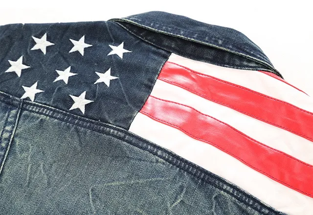 Blue Multicolor Distressed Dark American Flag Shoulder Graphic Denim Jacket 12