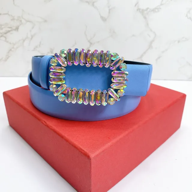 Blue Multicolor Smooth Strap Rectangular Buckle Leather Belt 1
