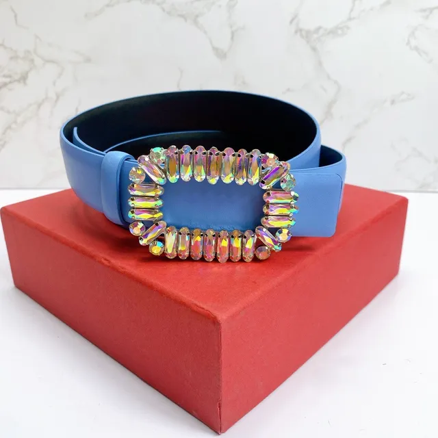Blue Multicolor Smooth Strap Rectangular Buckle Leather Belt 3