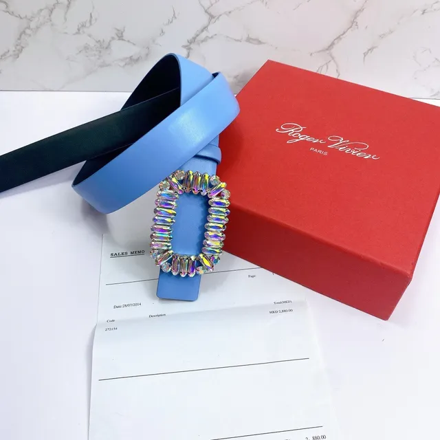 Blue Multicolor Smooth Strap Rectangular Buckle Leather Belt 4