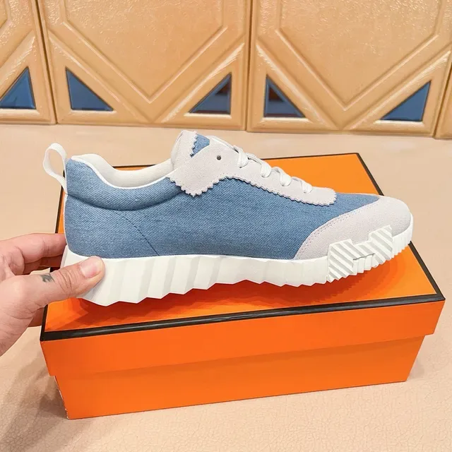 Blue Orange Denim Upper Scalloped Suede Trim Sneakers 6