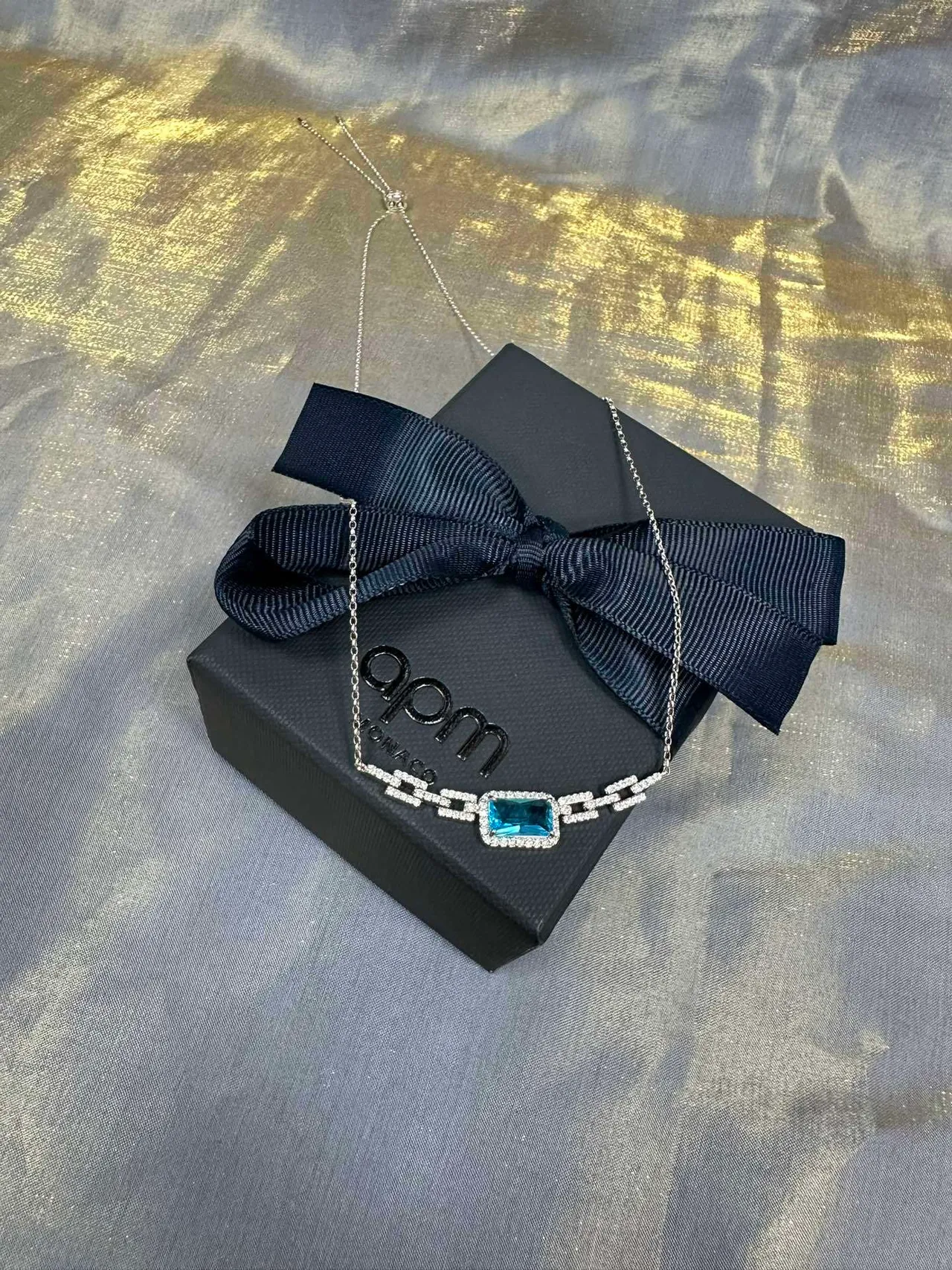 Blue Rectangular Gemstone Pavé Link Necklace 6