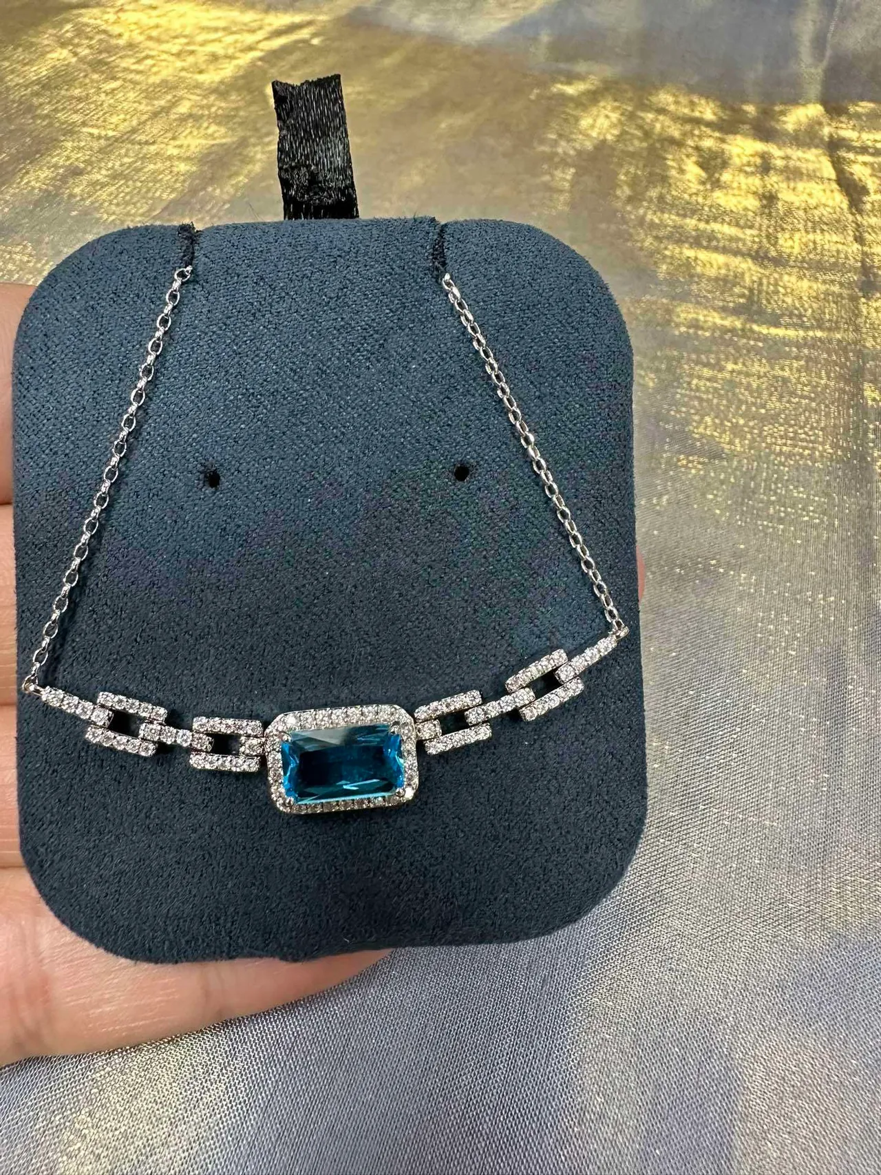 Blue Rectangular Gemstone Pavé Link Necklace 7