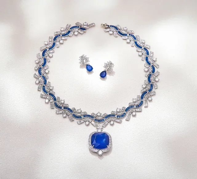 Blue Sapphire and Diamond Wavy Geometric Pendant Necklace 7