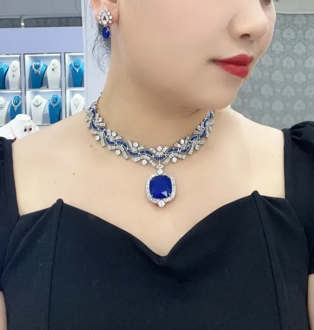 Blue Sapphire and Diamond Wavy Geometric Pendant Necklace 8