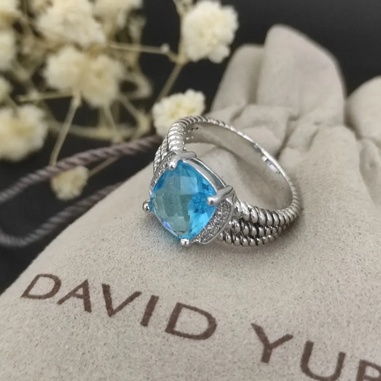 Blue Silver Cushion-Cut Central Stone Triple Rope-Textured Band Ring 2